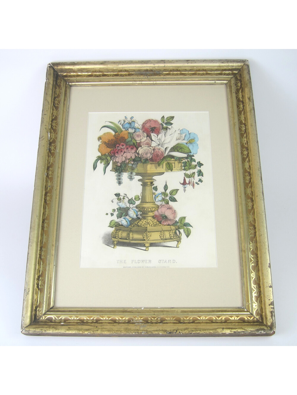 Antique Currier & Ives Hand Colored Lithograph Print The Flower Stand Framed